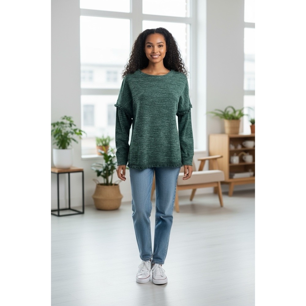 Knox Rose‎ Sweater Small Forest Green Boho Frayed Fringe Long Sleeve Pullover